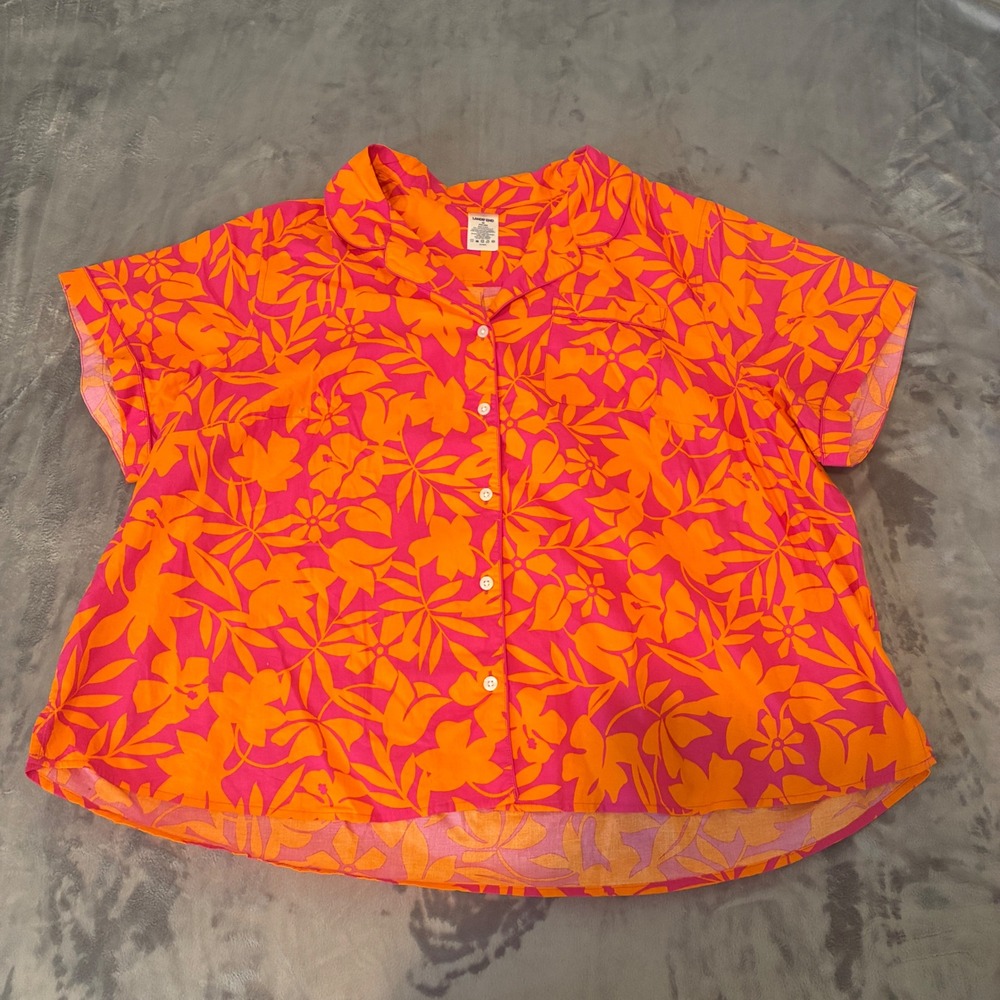 Lands End Button Up Womens 18W Orange Pink Floral Tropical Short Sleeve Top